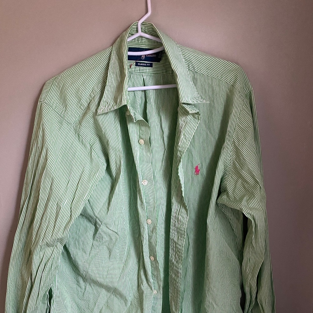 Green and White Stripe Ralph Lauren Polo Dress Shi